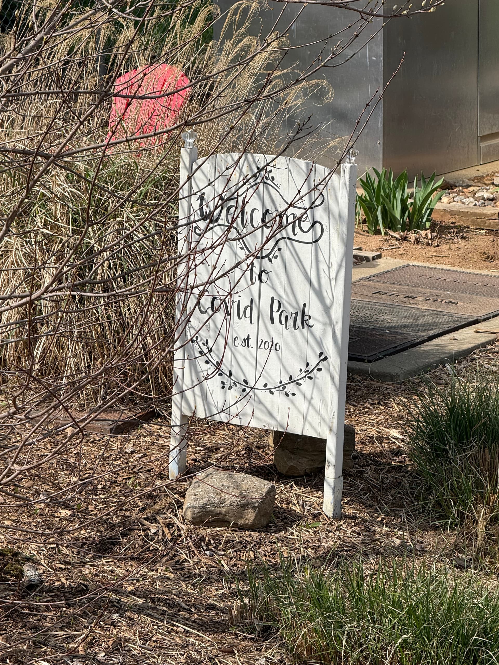 COVID Park welcome sign at the corner of Elysian Fields Road